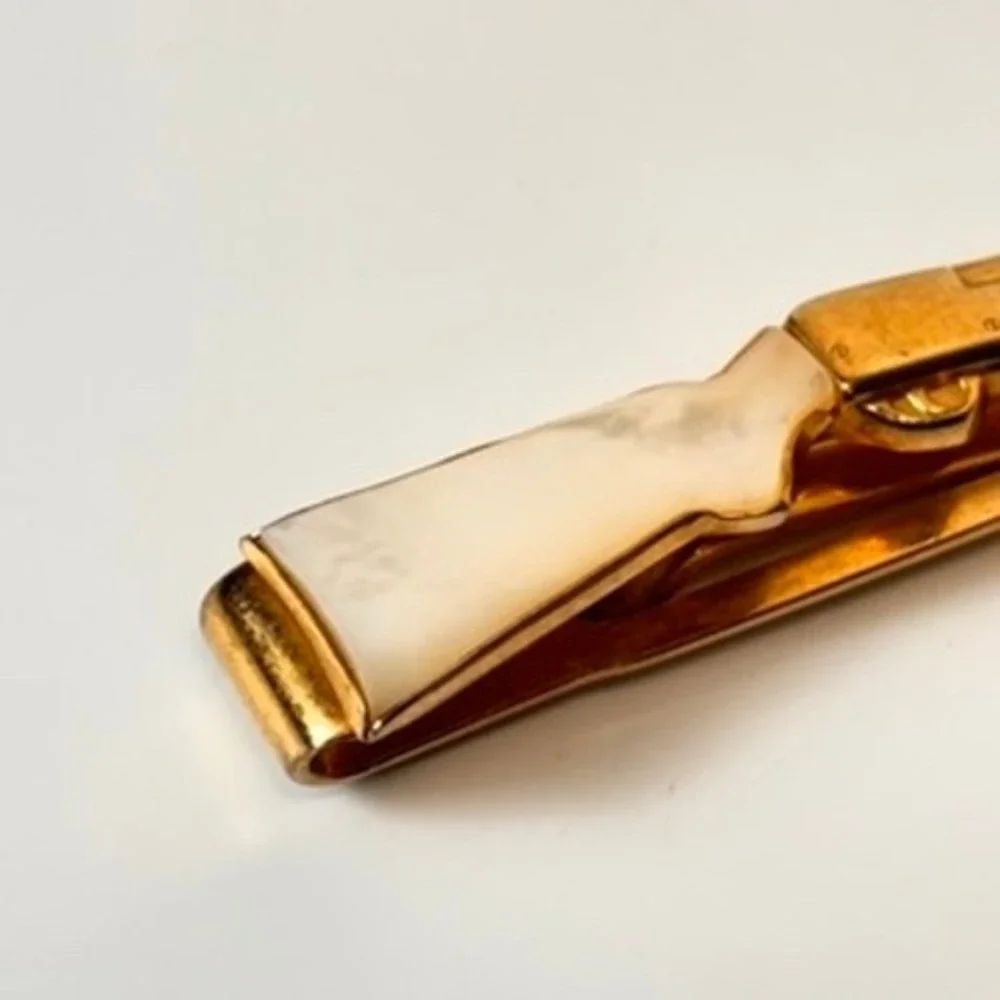 Vintage Rifle Tie Clip Gold Tone Mother of Pearl Inlay Western Goth Boho Chic